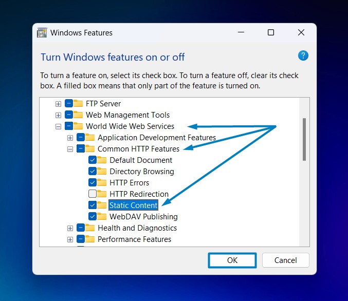 Enable Static Content Service in IIS in Windows 11 7 Static Content Windows 11
