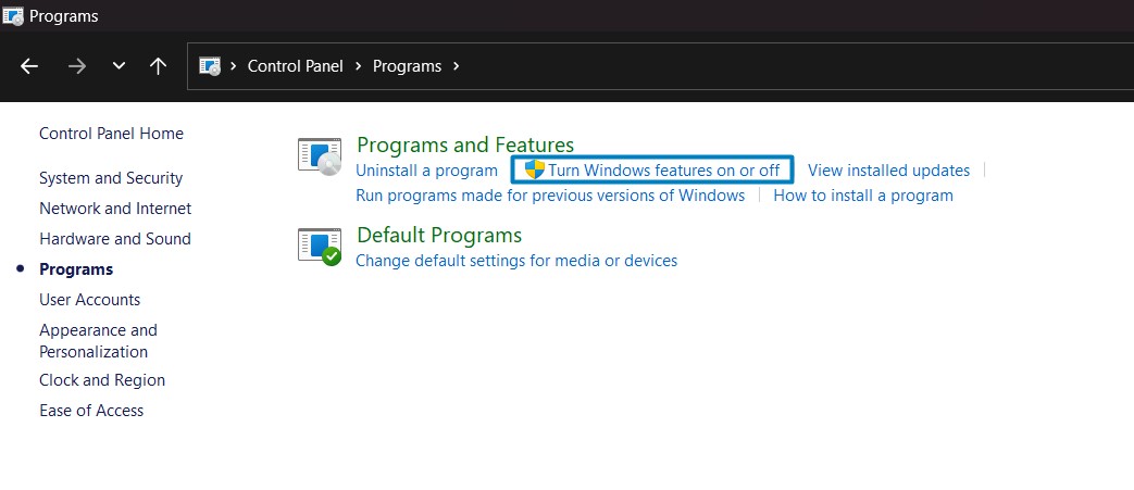 Turn Windows Features on or off