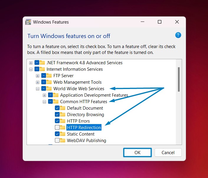 Enable HTTP Redirection Service in IIS, Windows 11 7 Enable HTTP Redirection in IIS
