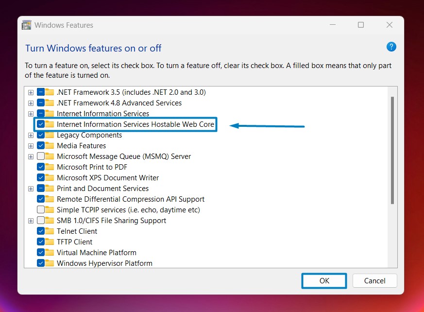 How to Enable IIS Hostable Web Core in Windows 11? 4 Enable IIS Hostable Web Core