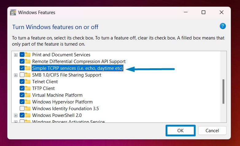 Enable Simple TCP/IP Services on Windows 11