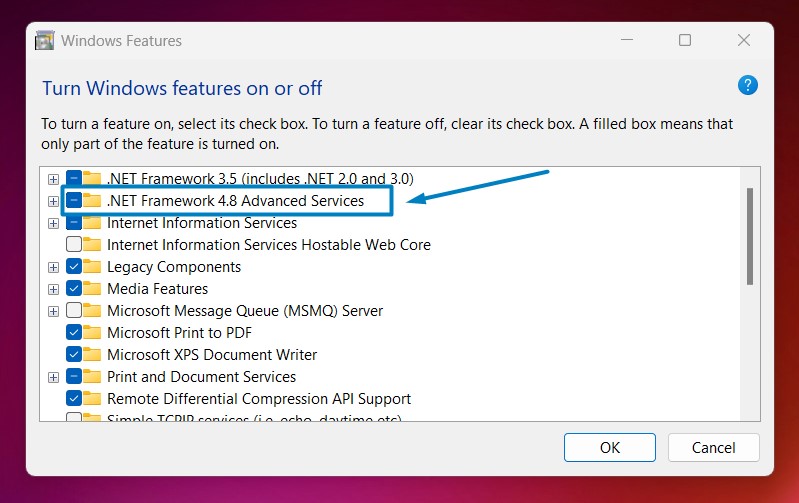 How to Enable ASP.NET 4.8 in Windows 11? 4 .NET Framework Advanced Services