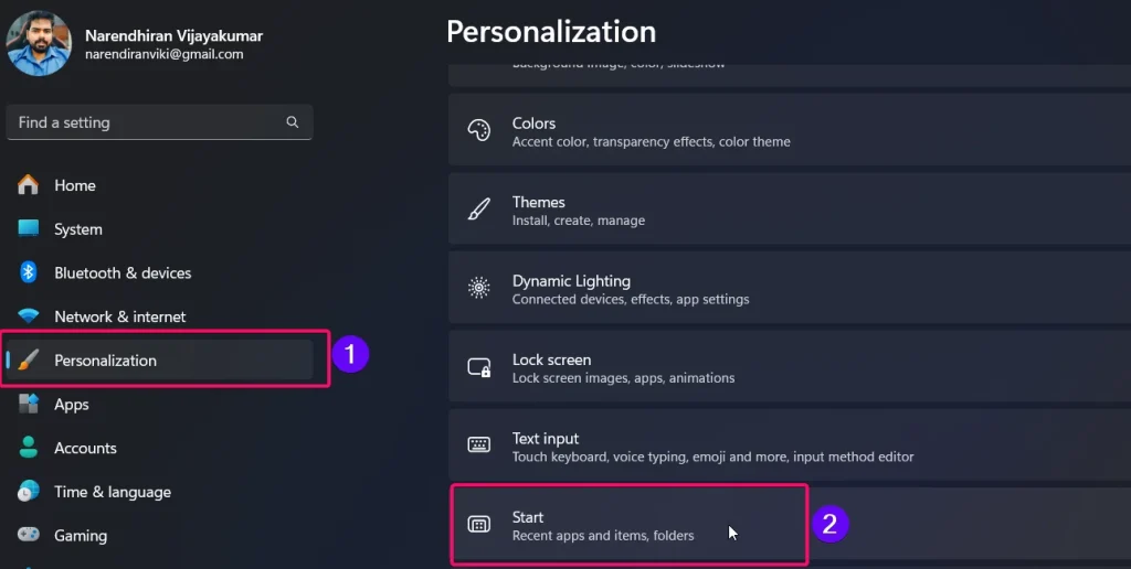 Personalization > Start Personalization > Start