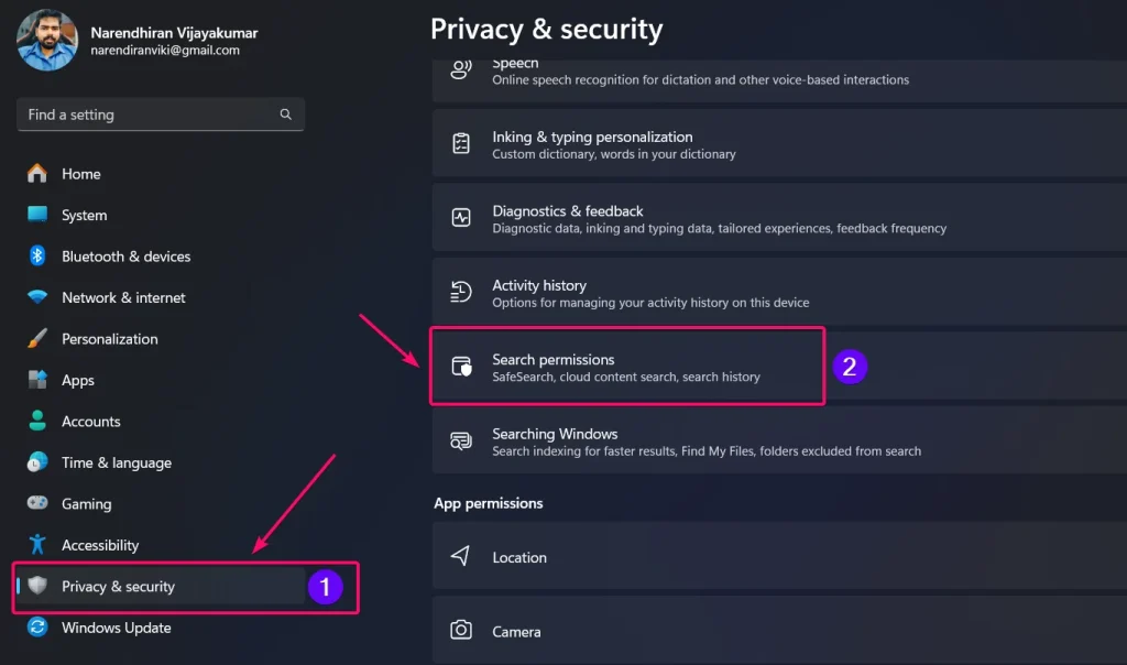 Privacy & Security > Search permissions Privacy & Security > Search permissions