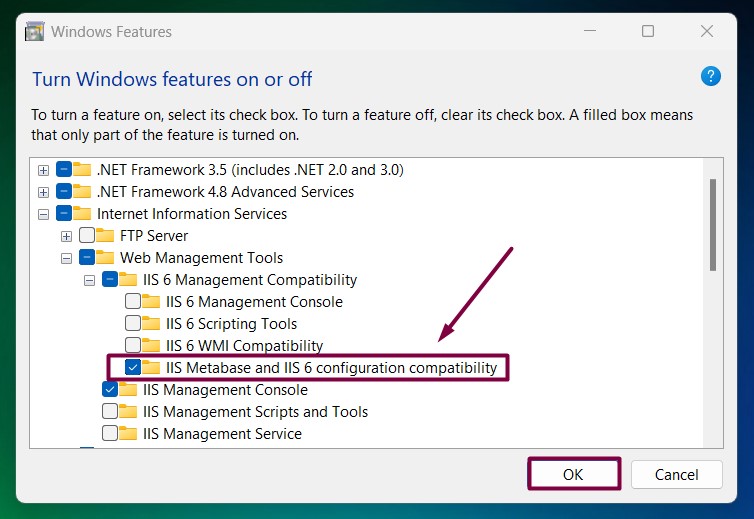 Enable IIS 6 Metabase and IIS Configuration Compatibility in Windows 11 5 Enable IIS 6 Metabase and IIS Configuration Compatibility in Windows 11