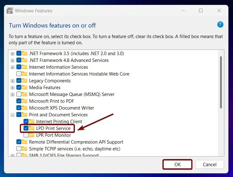 Enable LPD Print Service in Windows 11 Enable LPD Print Service in Windows 11
