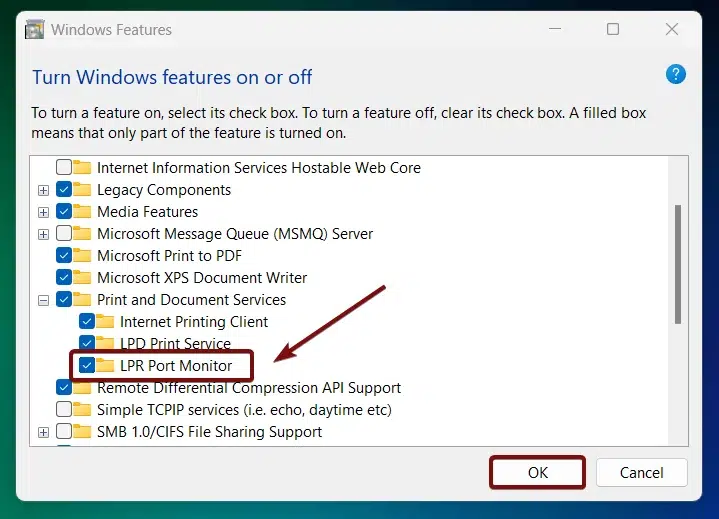 Enable LPR Port Monitor in Windows 11 Enable LPR Port Monitor in Windows 11