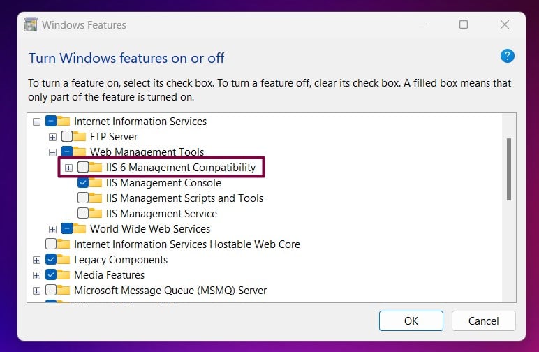 Enable IIS 6 Scripting Tools in Windows 11 4 IIS 6 Management Compatibility