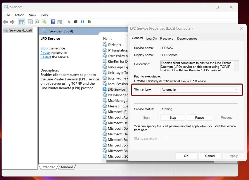 Set up LPD Service Startup to Automatic Set up LPD Service Startup to Automatic