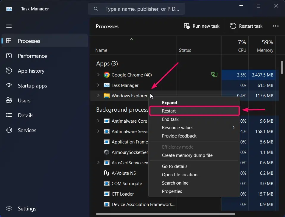 Restart Windows Explorer using Task Manager Restart Windows Explorer using Task Manager