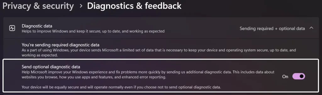Turn on Send optional Diagnostic Data Turn on Send optional Diagnostic Data