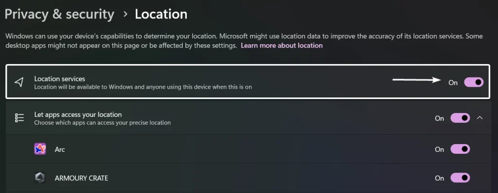 Set Time zone Automatically Greyed out in Windows 11 - Fix 8 Location Services ON