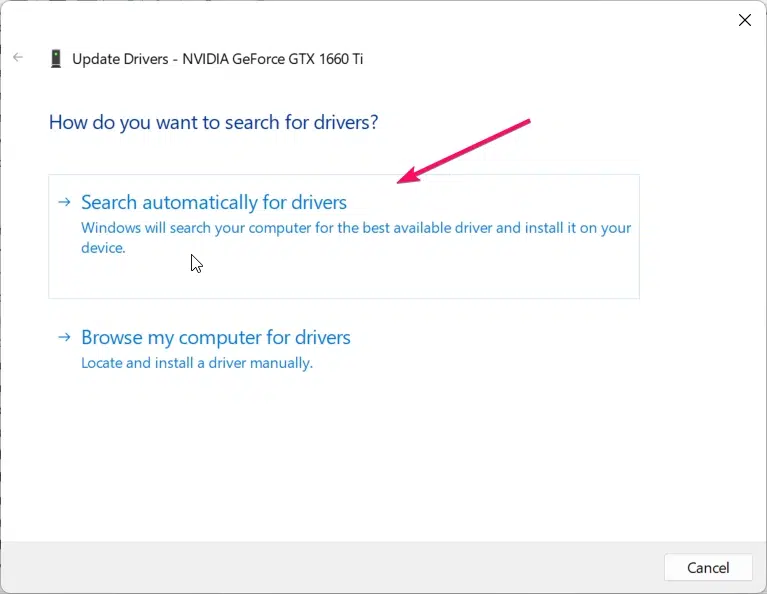 Search Automatically for Drivers options Search Automatically for Drivers options