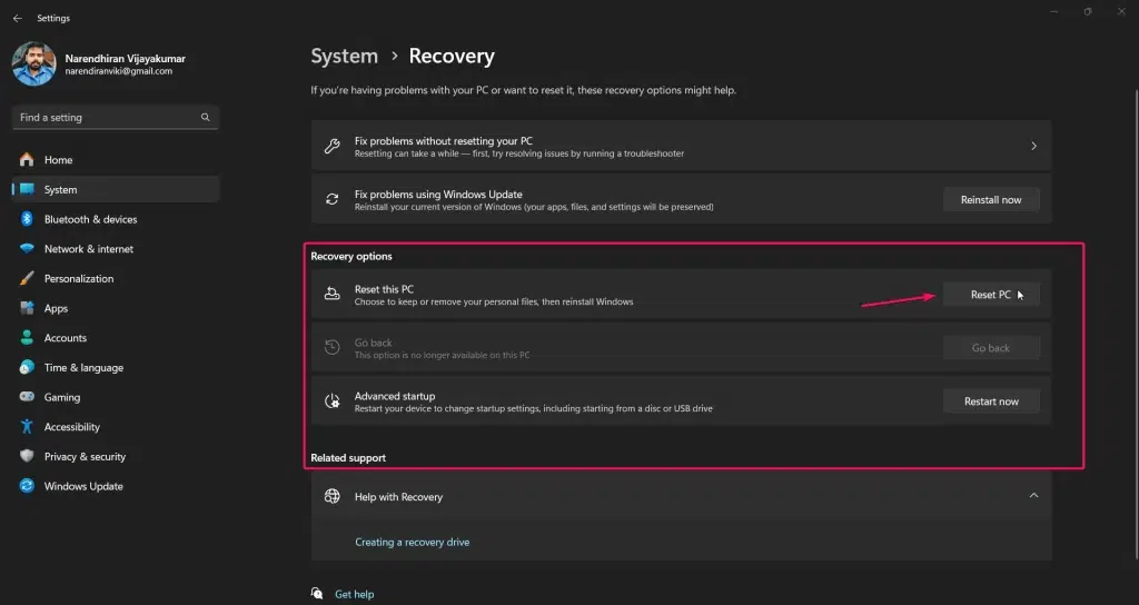 Reset this PC option Reset this PC option