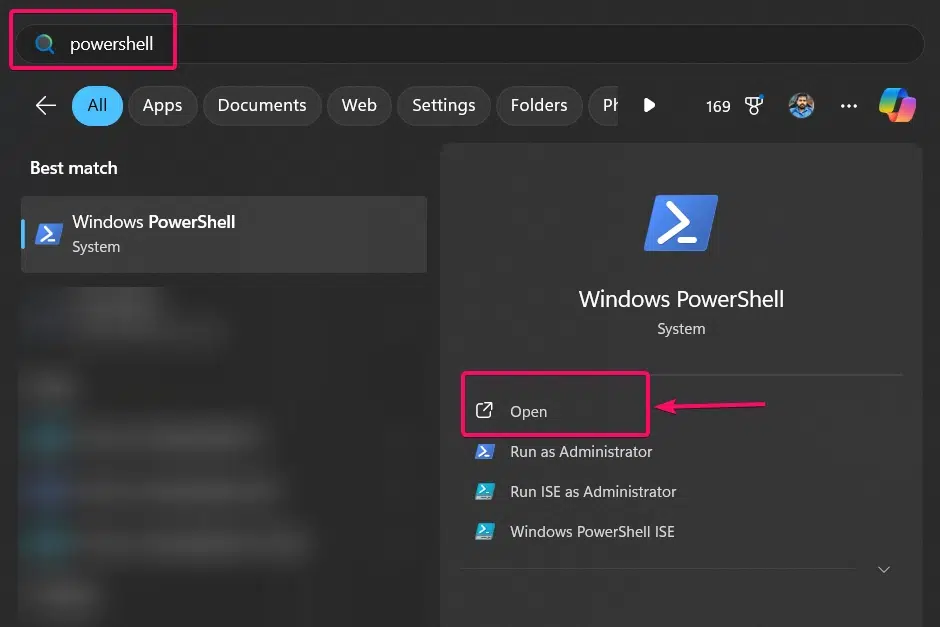Open PowerShell from Start Menu Open PowerShell from Start Menu