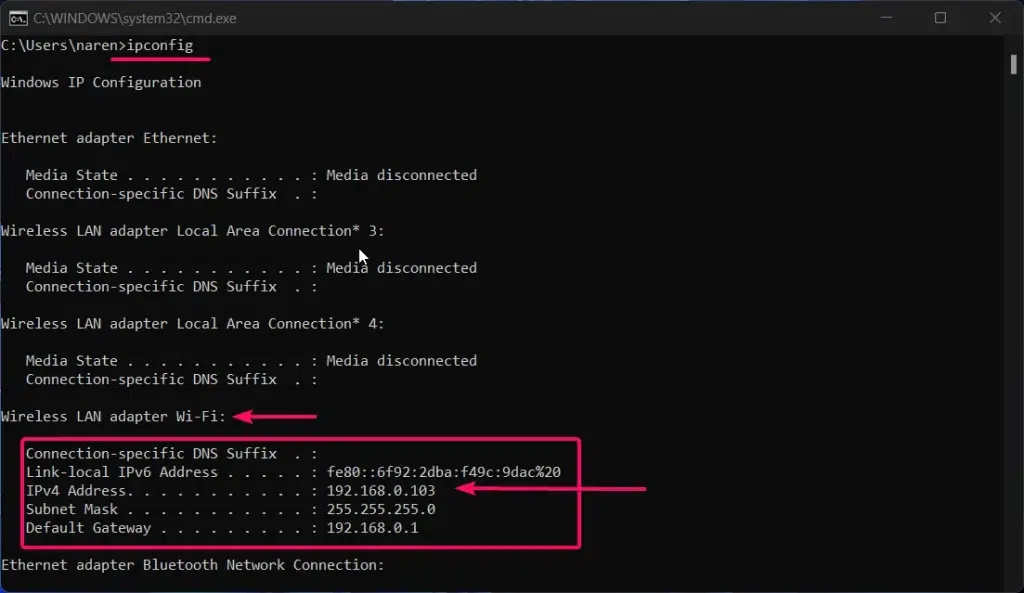Finding IP Address using ipconfig command Finding IP Address using ipconfig command