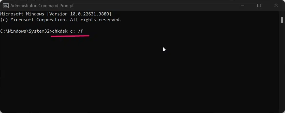 Running chkdsk c: /f command Running chkdsk c: /f command