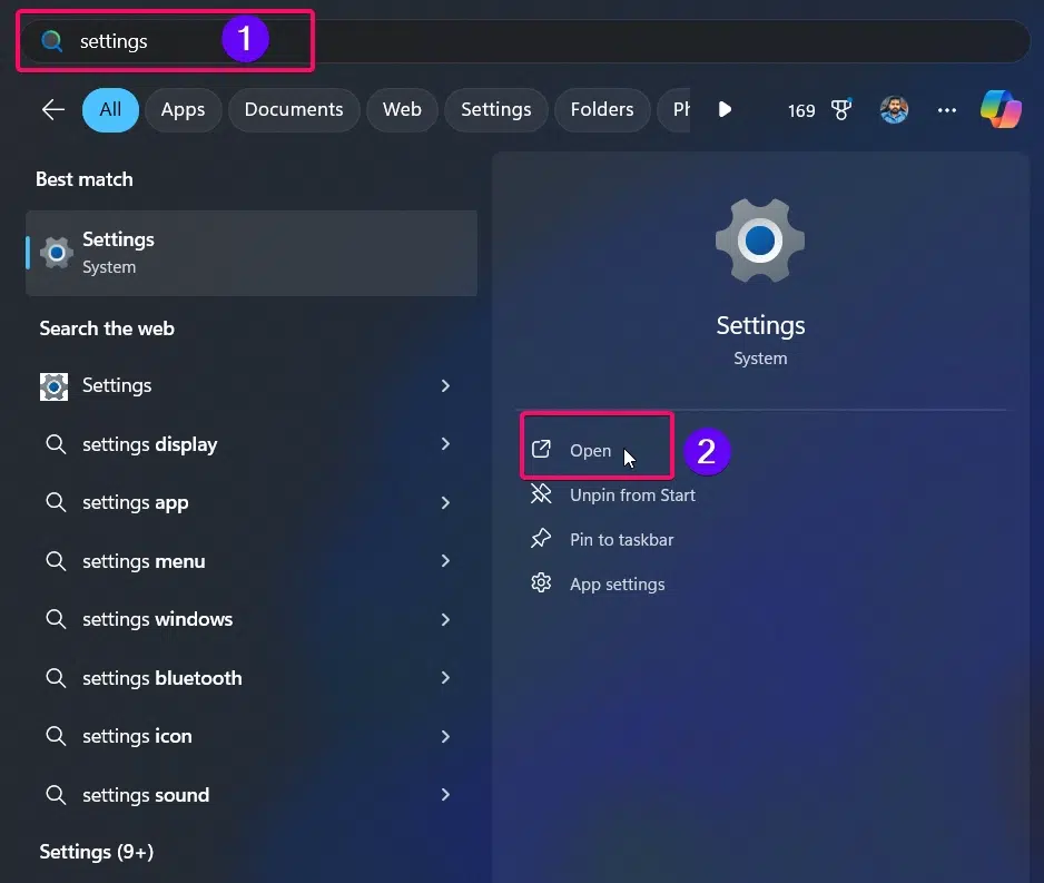 Settings app from Start Menu Settings app from Start Menu