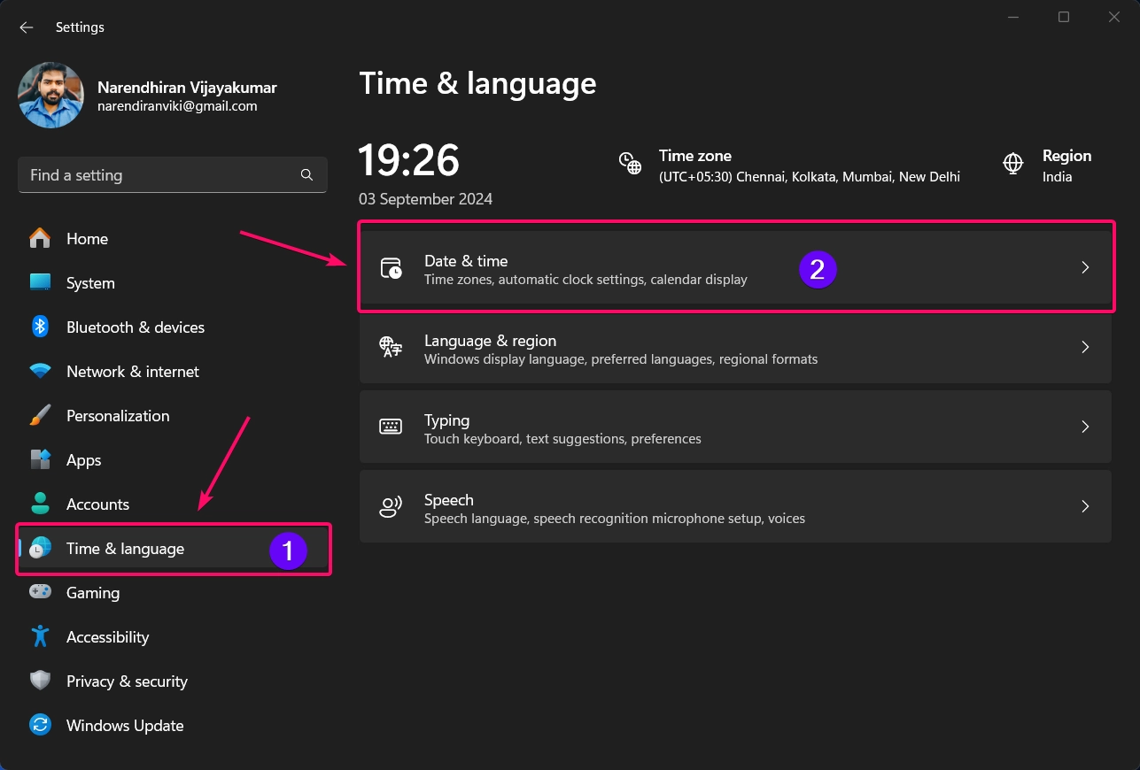 Date & time option in Windows Settings Date & time option in Windows Settings