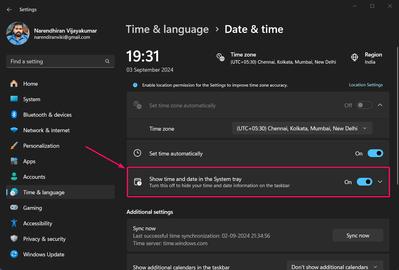 Show time and date in the system tray option Show time and date in the system tray option