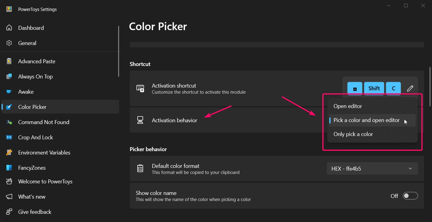 Activation behaviour options in color picker utility Activation behaviour options in color picker utility