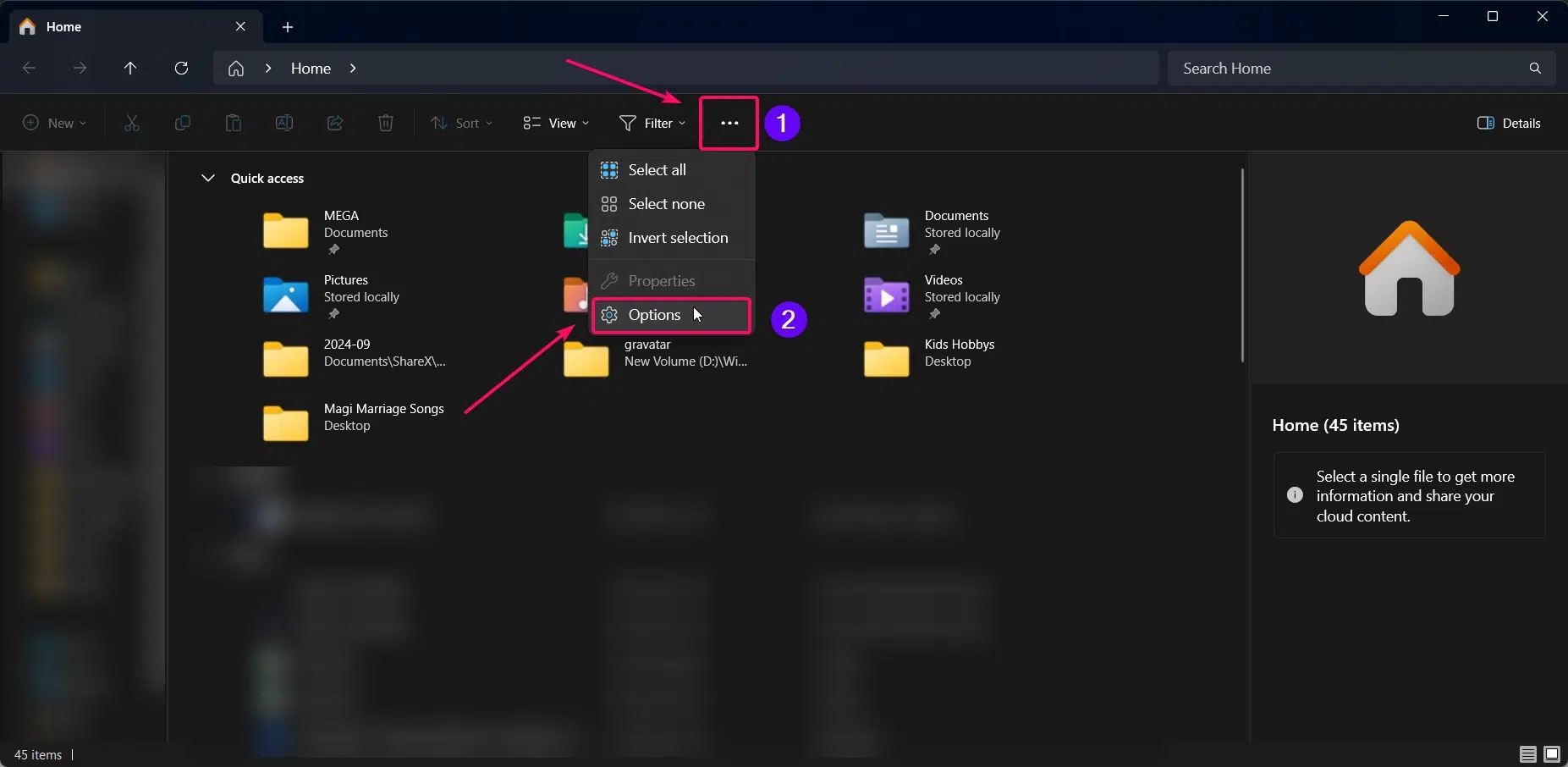 Accessing File Explorer Options from the top ribbon menu Accessing File Explorer Options from the top ribbon menu