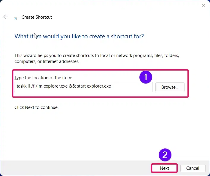 Pasting the command in the Location Box of the Desktop Shortcut Pasting the command in the Location Box of the Desktop Shortcut