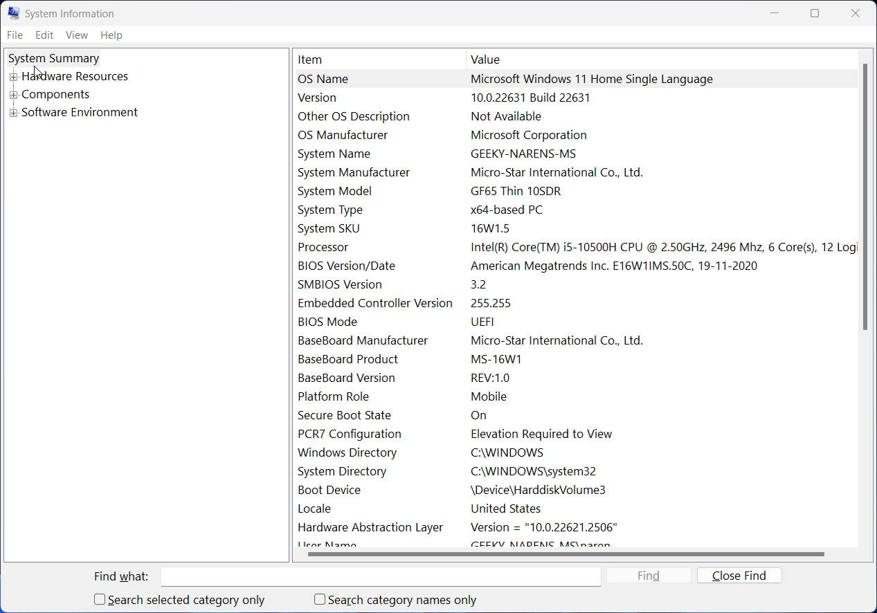 System Information Window System Information Window
