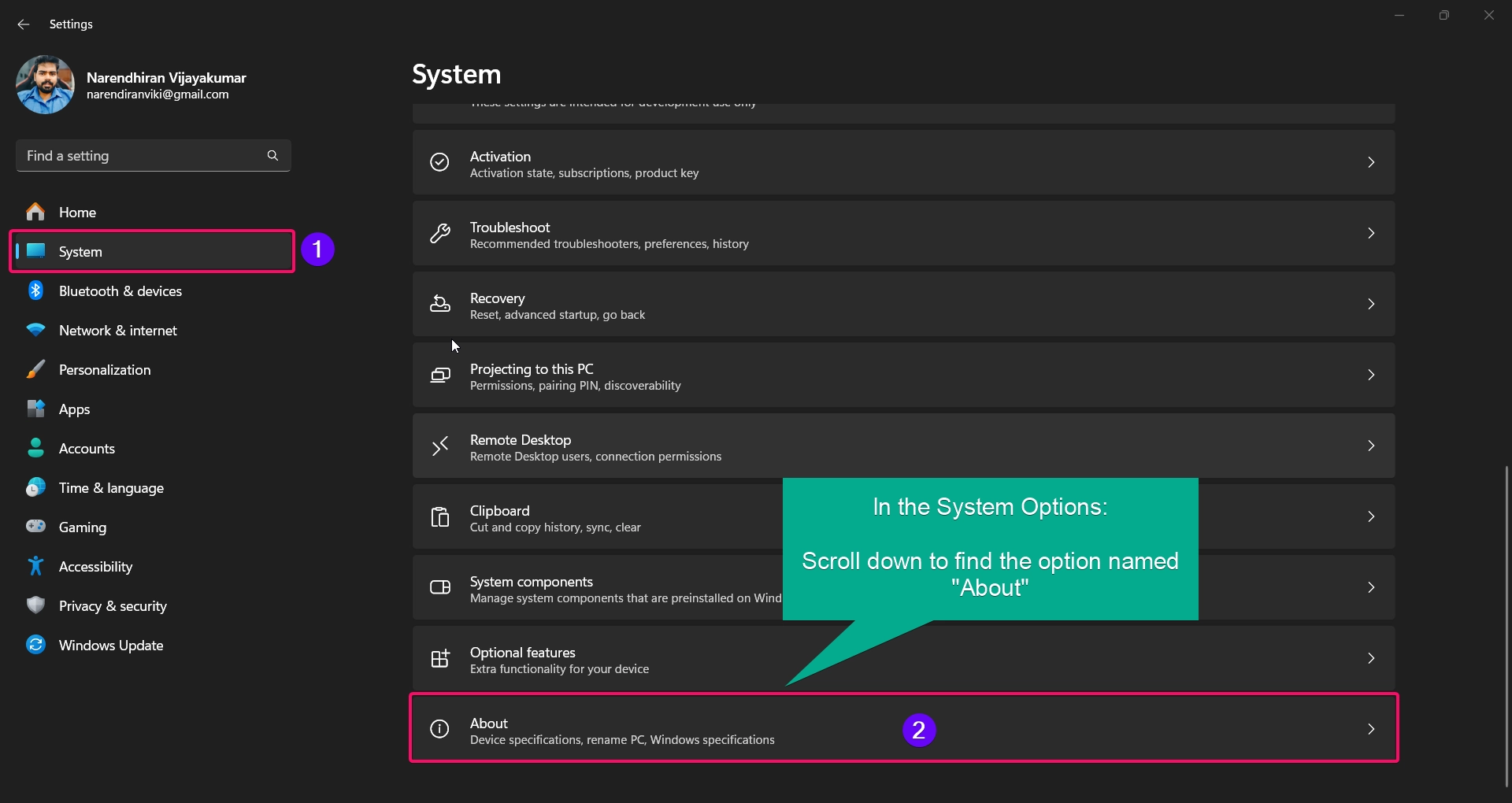 Open About options from the system settings menu Open About options from the system settings menu