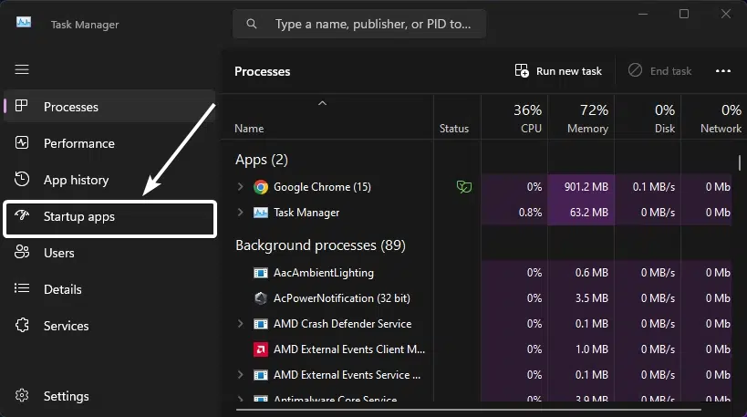 Click on Startup Apps in the left pane Click on Startup Apps in the left pane