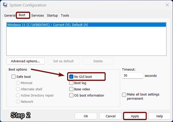 Enable No GUI Boot in Windows 11 and click Apply. Enable No GUI Boot in Windows 11