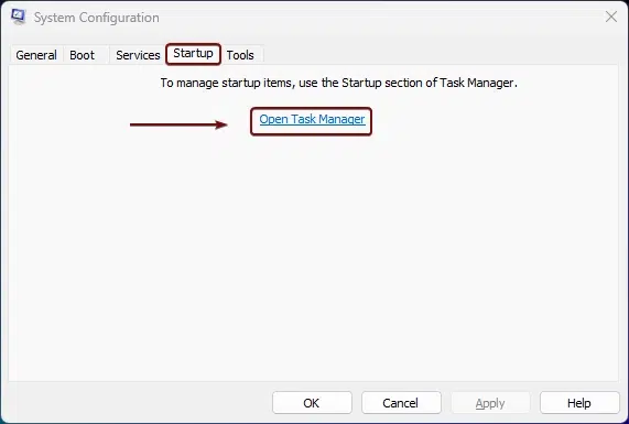 Open Task Manager to manage startup apps via msconfig Open Task Manager to manage startup apps via msconfig