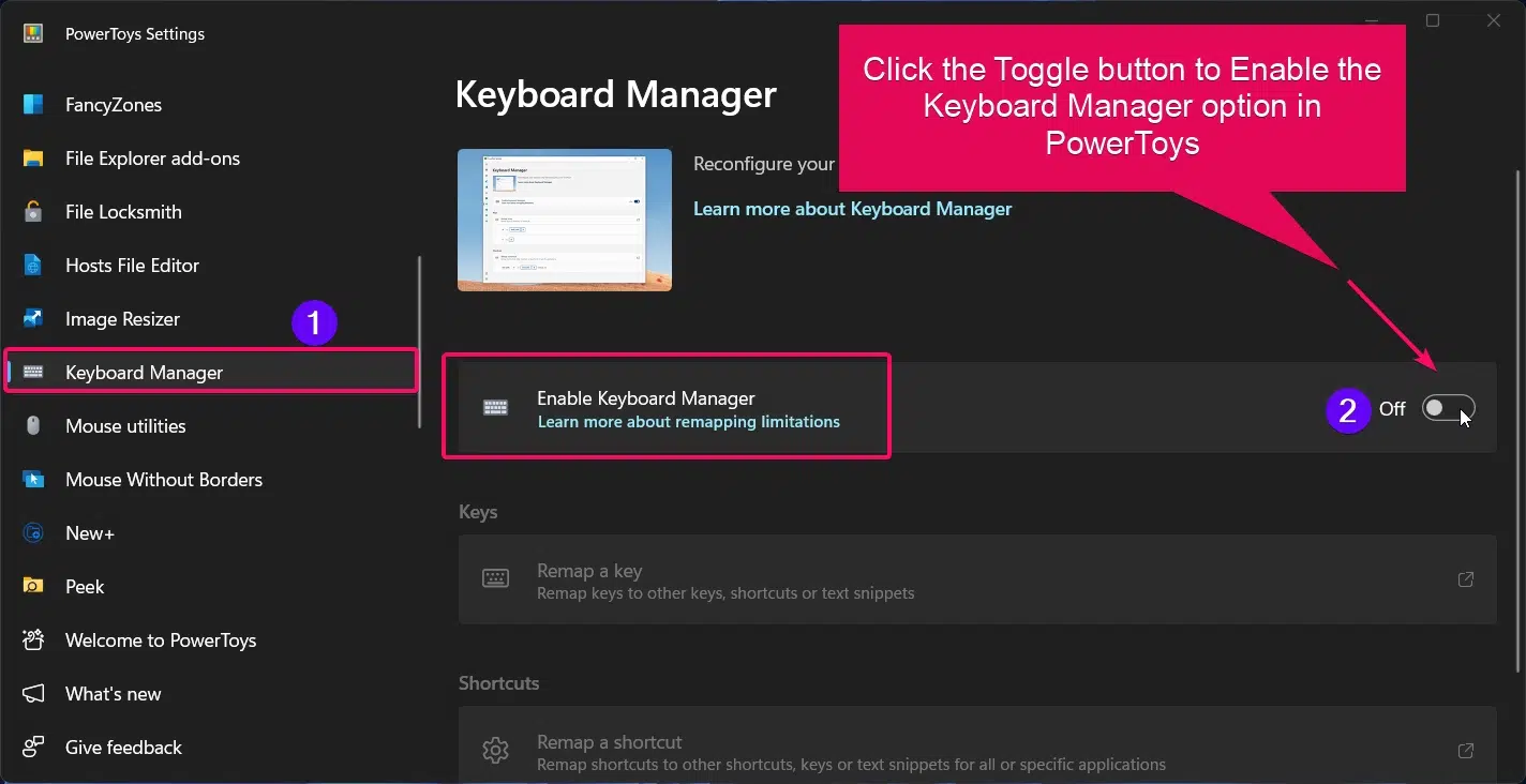 Enabling Keyboard Manager in PowerToys Enabling Keyboard Manager in PowerToys