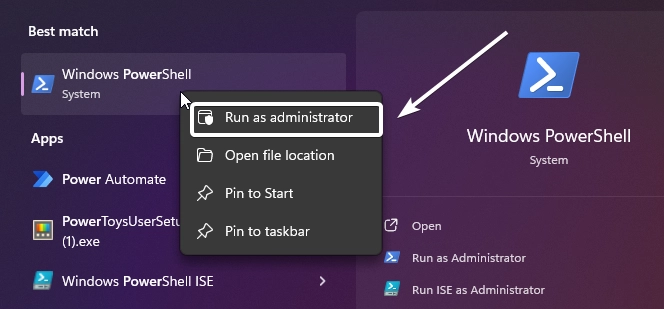Run PowerShell as Administrator Run PowerShell as Administrator