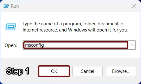 Run msconfig to open System Configuration Run msconfig to open System Configuration