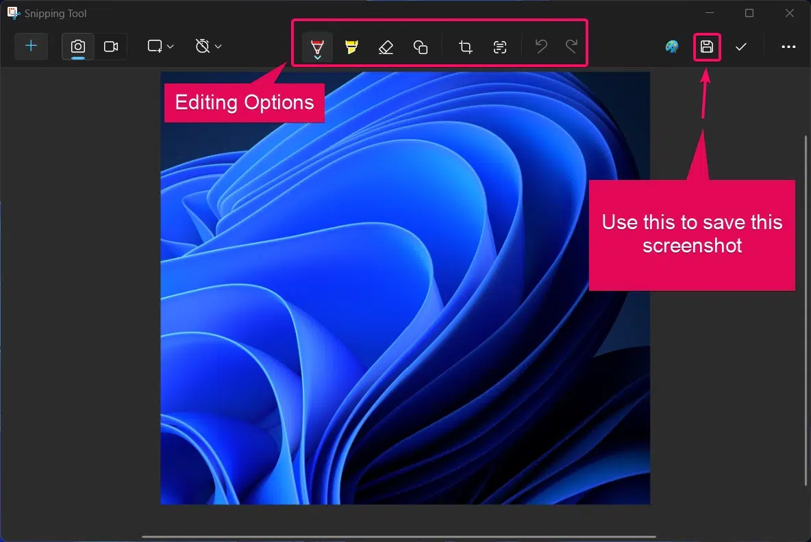 Snipping Tool editing & saving options. Snipping Tool editing & saving options.