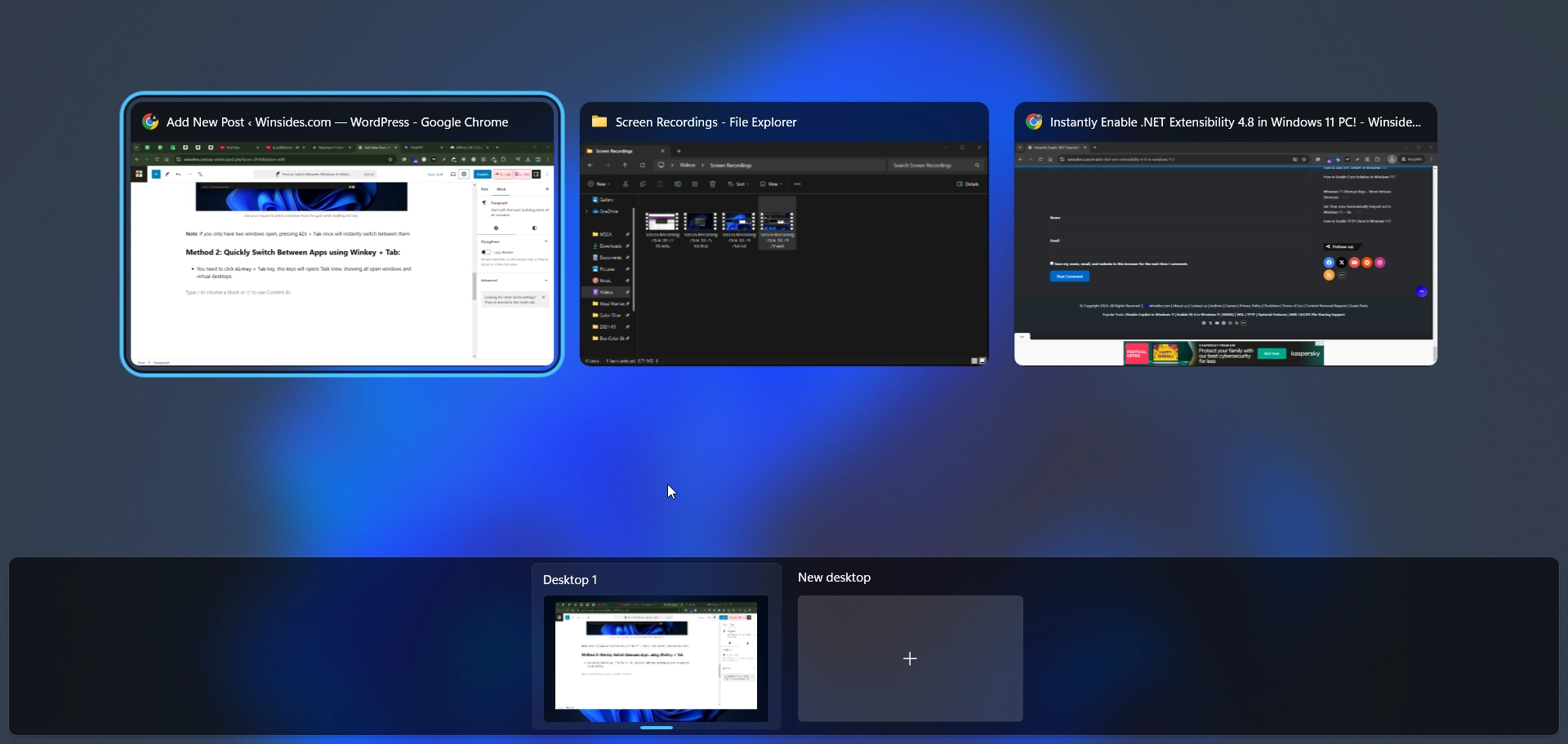 Using winkey + Tab shortcut will opens the task view and displaying all opened windows Using winkey + Tab shortcut will opens the task view and displaying all opened windows