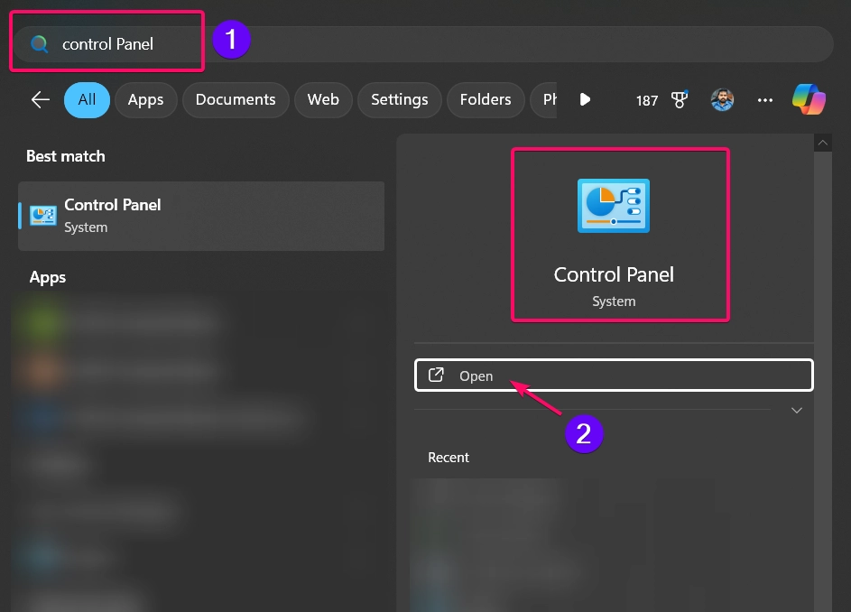 Open Control Panel app from Start Menu Open Control Panel app from Start Menu