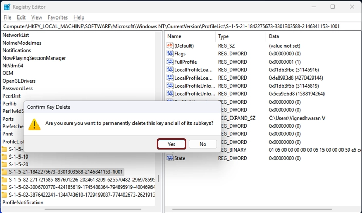 3 Best Ways - Fix Account Unknown S-1-5-21 issue on Windows 11? 5 Confirm Key Delete