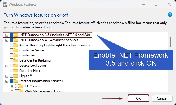 How to Enable ASP.NET 3.5 Support for IIS in Windows 11? 2 Enable .NET Framework 3.5