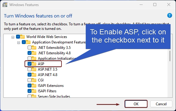 Enable ASP in IIS on Windows 11 Enable ASP in IIS on Windows 11
