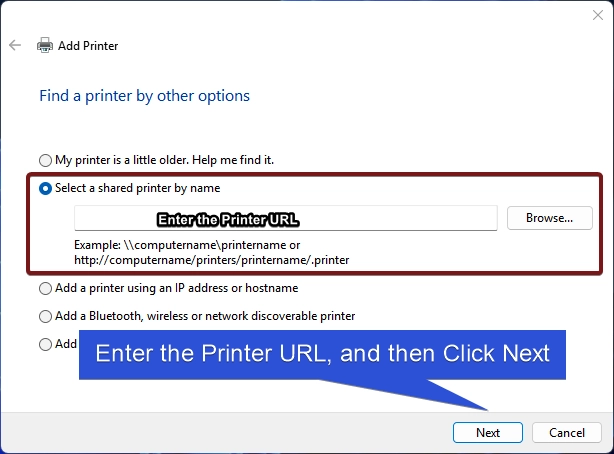 Enter the Printer URL, and then click Next Enter the Printer URL, and then click Next