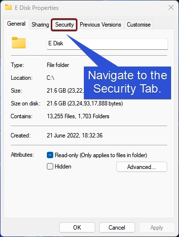 Navigate to the Security tab. Navigate to the Security tab.