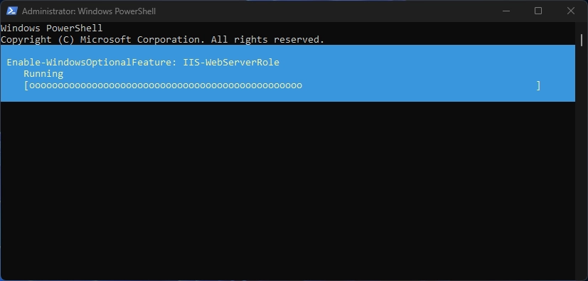 Enable Internet Information Services using Command Prompt (CMD) 7 PowerShell is installing IIS