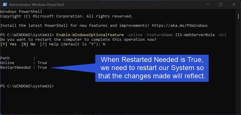 Enable Internet Information Services using Command Prompt (CMD) 9 Restart needed