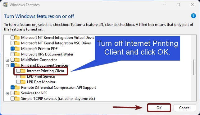 Turn off Internet Printing Client on Windows 11 Turn off Internet Printing Client on Windows 11