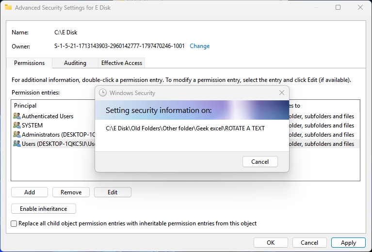 Windows will update the security information for the folder Windows will update the security information for the folder
