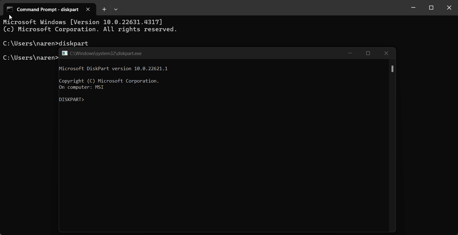 Diskpart application launched inside the console. Diskpart application launched inside the console.