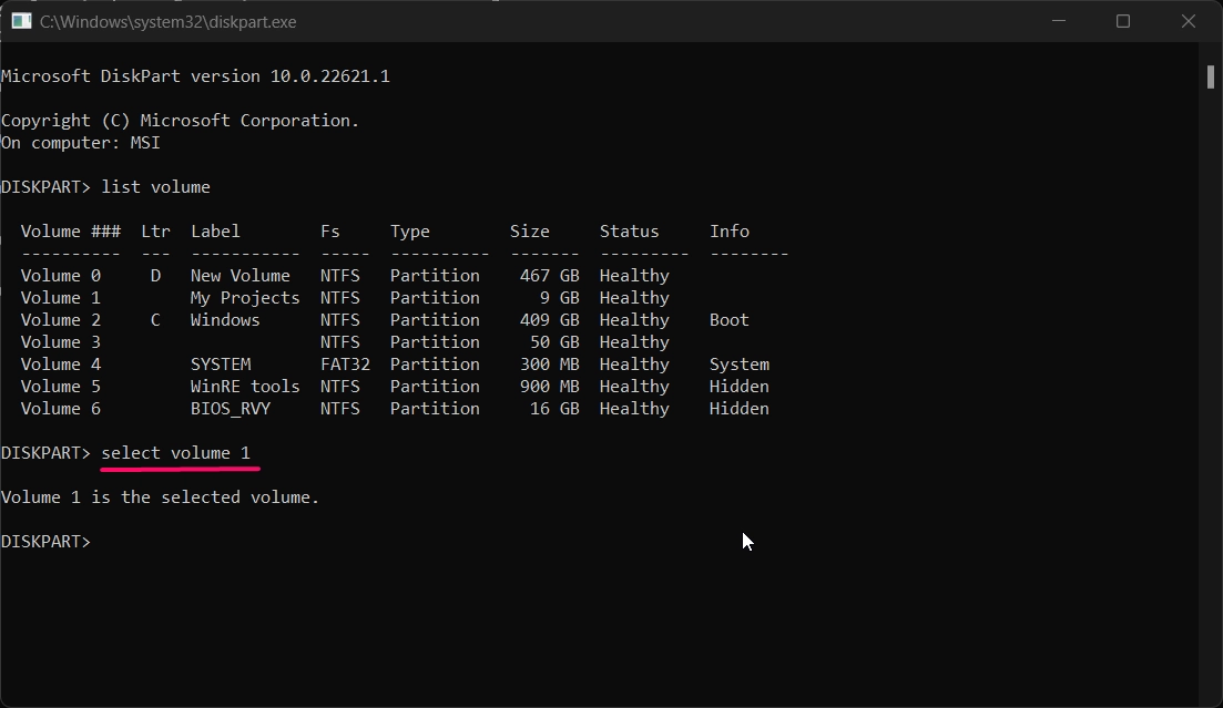 Selecting the Hidden Volume using DiskPart.exe command Selecting the Hidden Volume using DiskPart.exe command