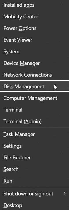 Choose Disk management from the Quick Menu option Choose Disk management from the Quick Menu option